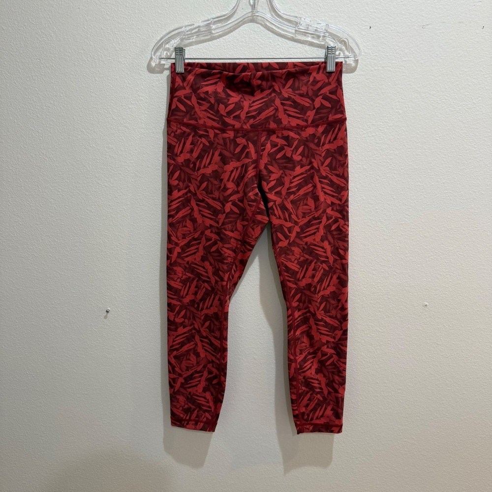 Lululemon Red Botanical Leaf Print High Rise 7/8 Leggings Size 10 LW5ET3S